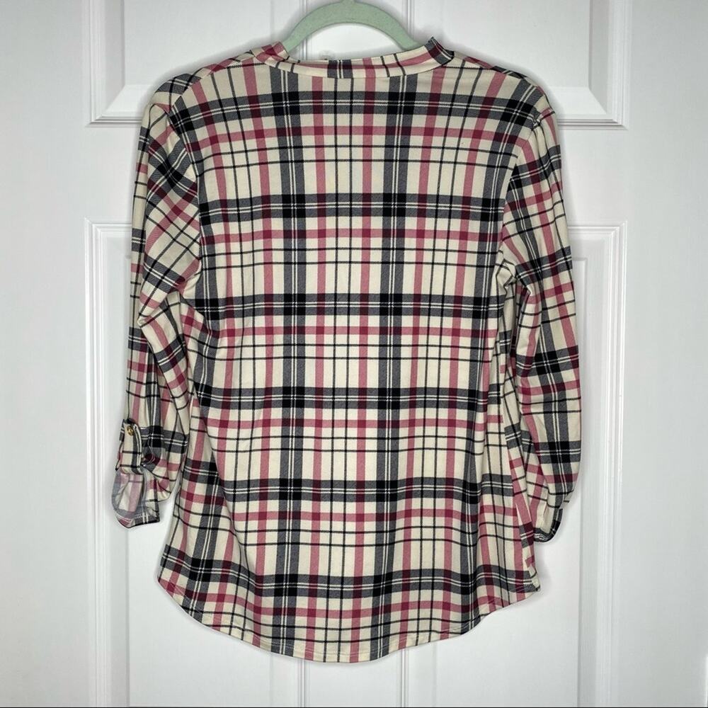 CLAUDIA RICHARD PETITES Plaid V-Neck Henley Blouse 3/4 Sleeve Top Shirt Petite S - Picture 4 of 9